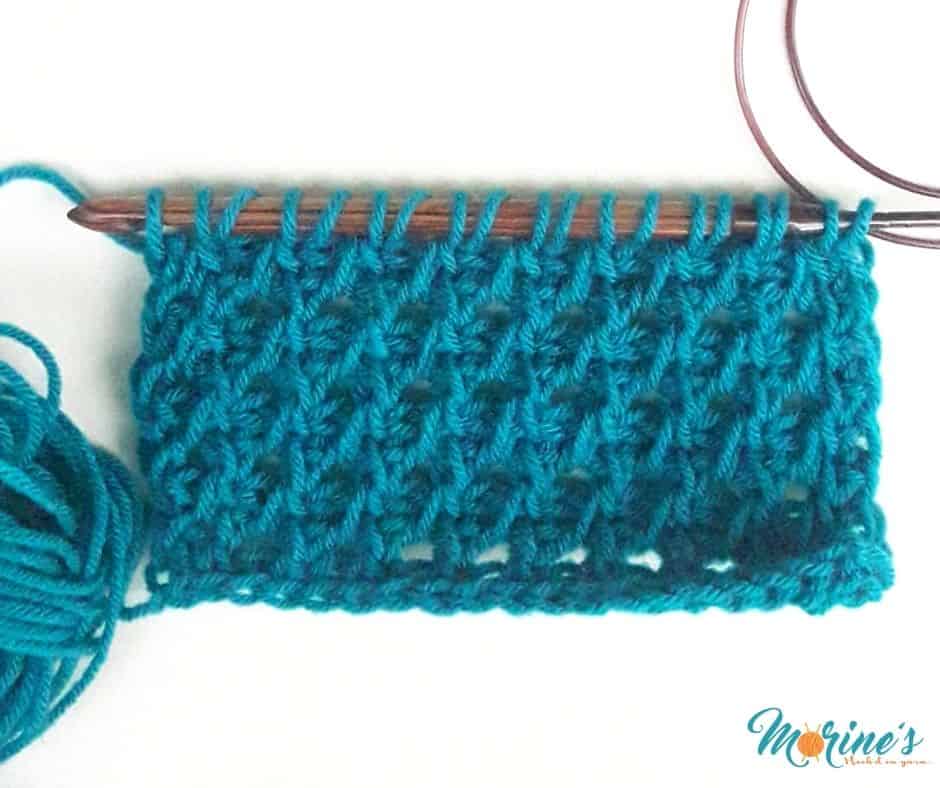 The Mori Lace stitch is a gorgeous stitch pattern that has a similar 'feel' to miss stitch. It's a two-row repeat pattern worked using the Tunisian simple stitch, full stitch and tunisian decrease. This pattern works best with even chains. 