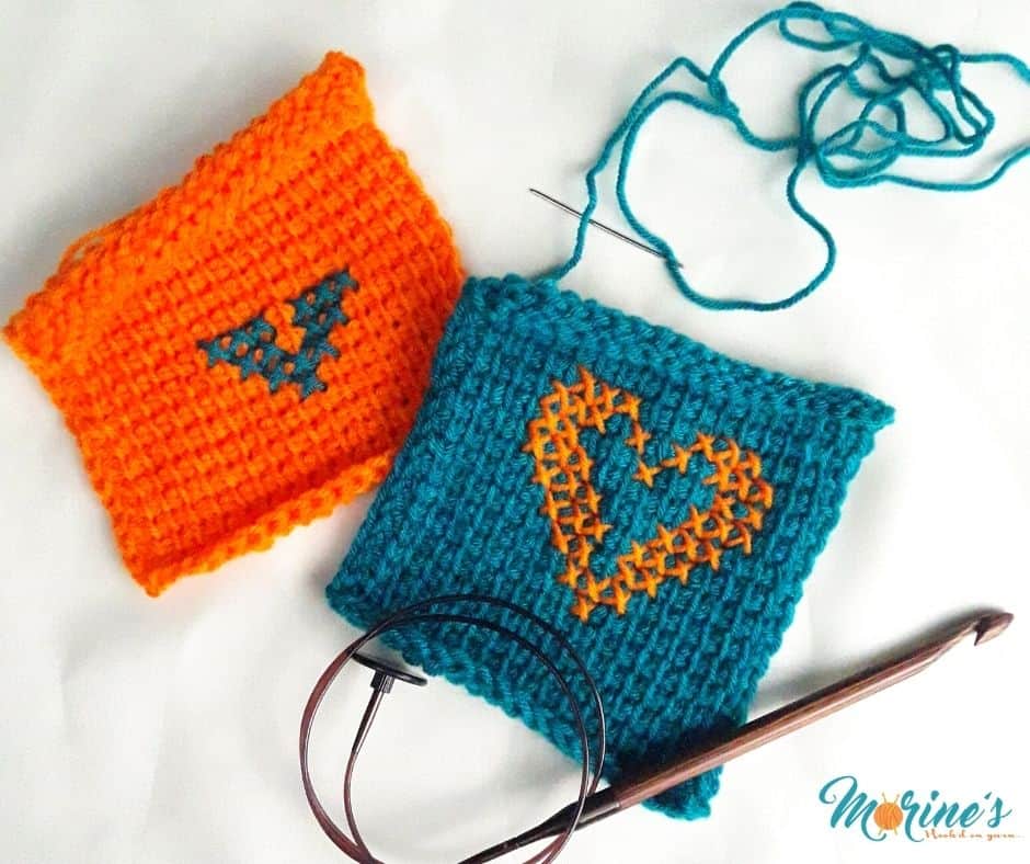 For this week, we'll be learning an embroidery technique, cross stitch, on Tunisian crochet pieces. For our squares, we'll be using Tunisian simple stitch square. This is because simple stitches produces nice, dense and even fabric to work the cross stitches on.