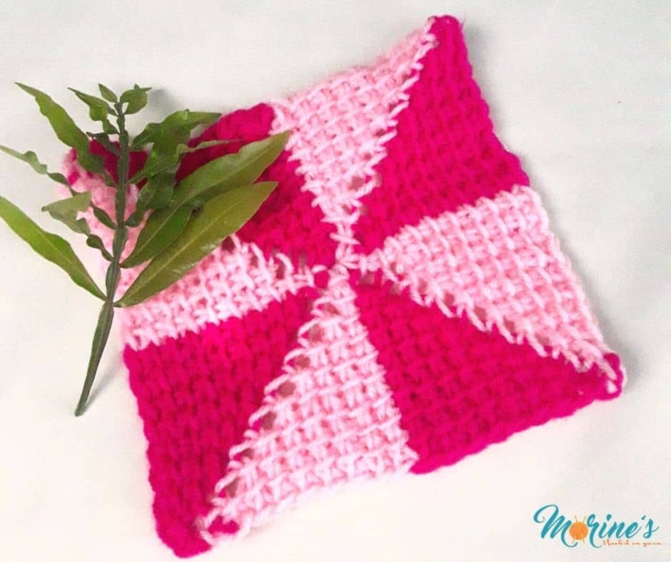 This week's square is worked in short rows similar to Tunisian C2C entrelac but instead of squares, we'll be using triangles. The Tunisian pinwheel square can be made using a number of basic Tunisian stitches but for this one, we'll use the Tunisian simple stitch.