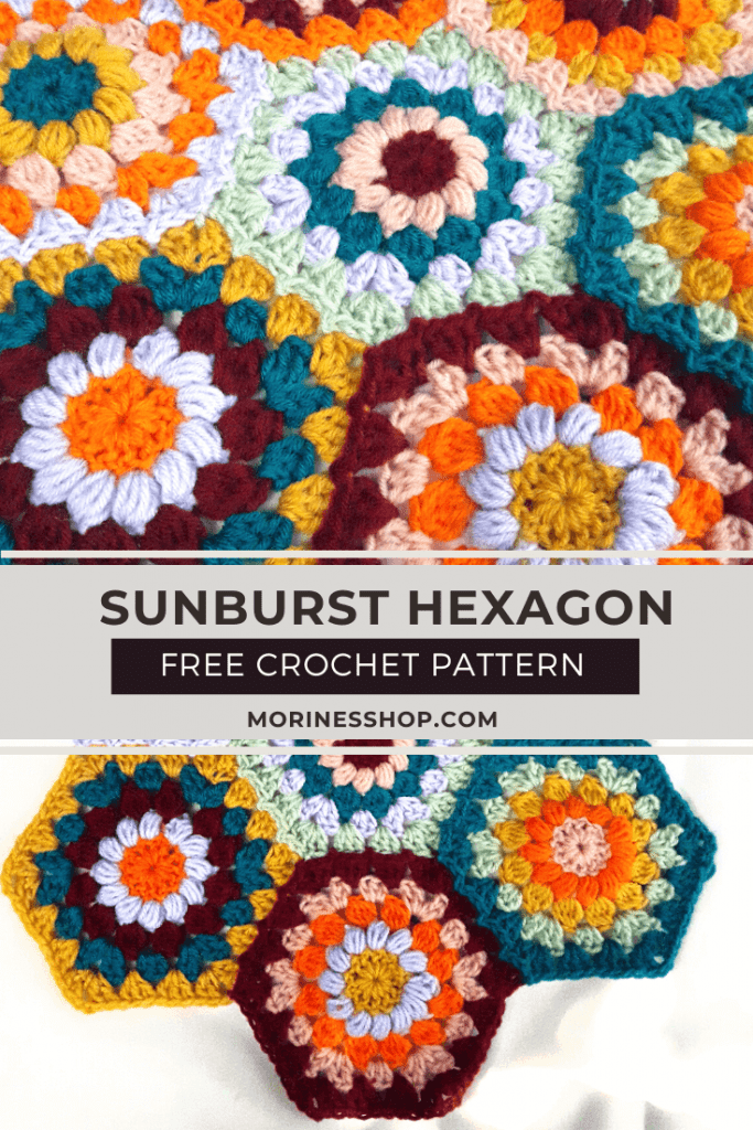 The sunburst granny hexagon fuses the classic granny square and basic solid hexagon patterns to create a gorgeous stylish crochet motif.