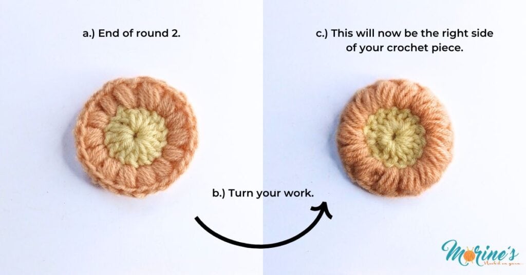 Turn your work so that the wrong side becomes the new right side.
